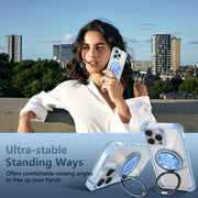 For iPhone 16 Pro Gold Shield CD Pattern MagSafe Magnetic Phone Case with Rotating Stand(Transparent Blue)