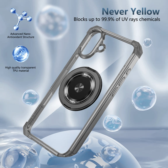 For iPhone 16 Plus Gold Shield CD Pattern MagSafe Magnetic Phone Case with Rotating Stand(Transparent Black)