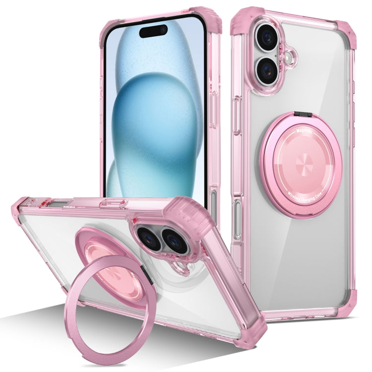 For iPhone 16 Gold Shield CD Pattern MagSafe Magnetic Phone Case with Rotating Stand(Transparent Pink)