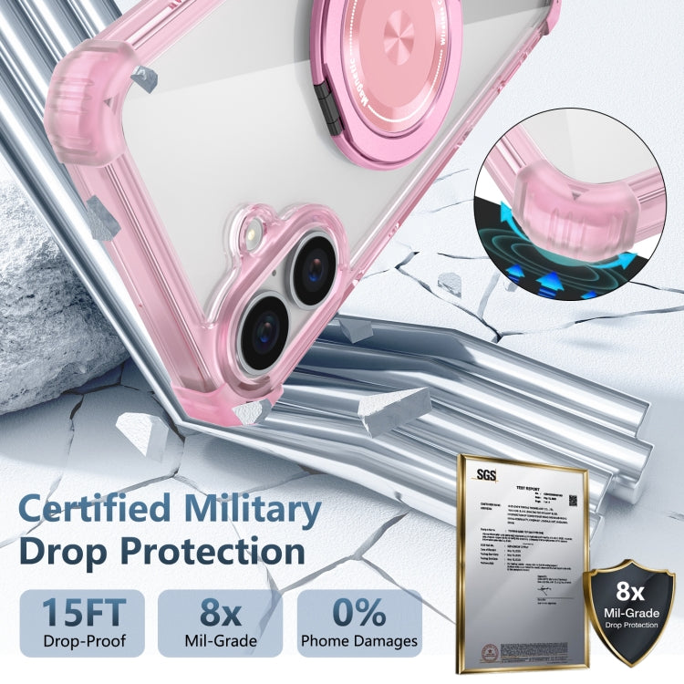 For iPhone 16 Gold Shield CD Pattern MagSafe Magnetic Phone Case with Rotating Stand(Transparent Pink)