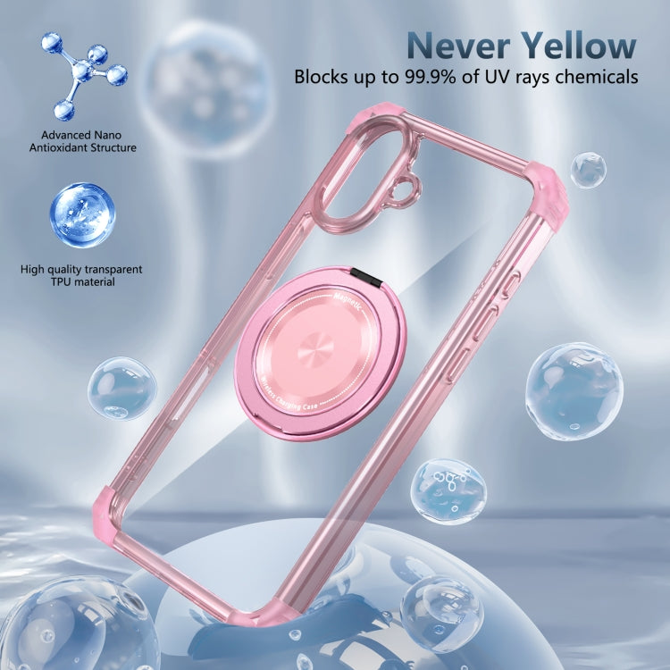 For iPhone 16 Gold Shield CD Pattern MagSafe Magnetic Phone Case with Rotating Stand(Transparent Pink)