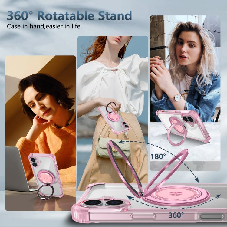 For iPhone 16 Gold Shield CD Pattern MagSafe Magnetic Phone Case with Rotating Stand(Transparent Pink)