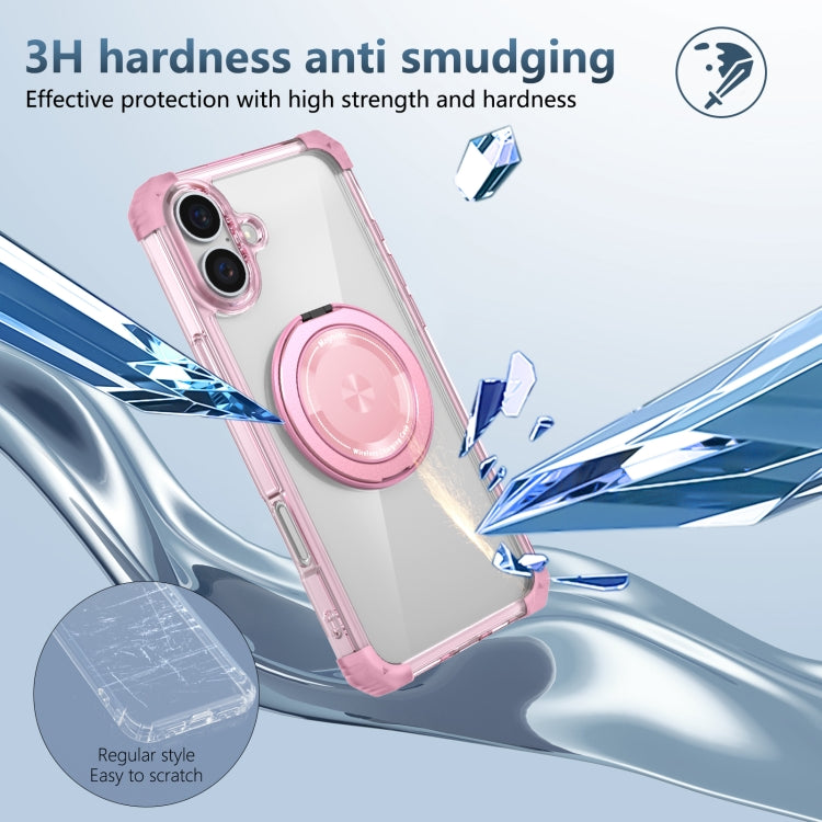 For iPhone 16 Gold Shield CD Pattern MagSafe Magnetic Phone Case with Rotating Stand(Transparent Pink)