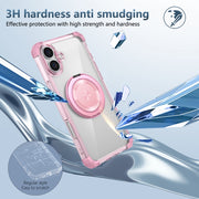 For iPhone 16 Gold Shield CD Pattern MagSafe Magnetic Phone Case with Rotating Stand(Transparent Pink)