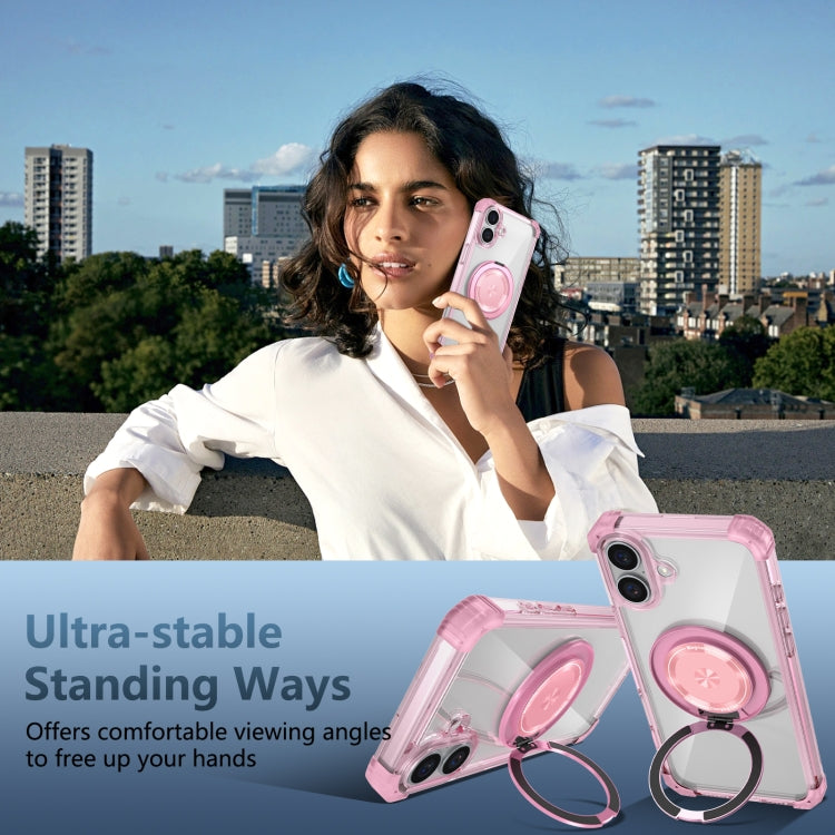 For iPhone 16 Gold Shield CD Pattern MagSafe Magnetic Phone Case with Rotating Stand(Transparent Pink)