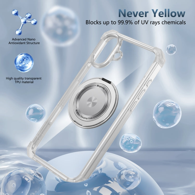 For iPhone 16 Gold Shield CD Pattern MagSafe Magnetic Phone Case with Rotating Stand(Transparent)