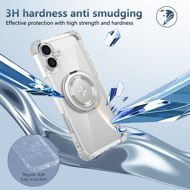 For iPhone 16 Gold Shield CD Pattern MagSafe Magnetic Phone Case with Rotating Stand(Transparent)