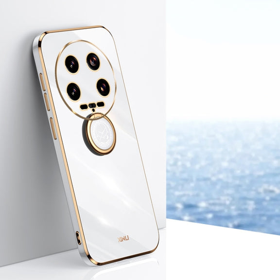 For Xiaomi 14 Ultra 5G XINLI Straight Edge 6D Electroplate TPU Phone Case with Ring Holder(White)