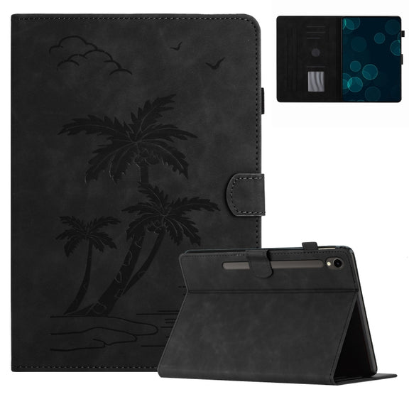 For Samsung Galaxy Tab S9 FE X510/X516B Coconut Tree Embossed Smart Leather Tablet Case(Black)