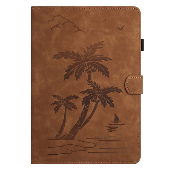 For Samsung Galaxy Tab S9 FE X510/X516B Coconut Tree Embossed Smart Leather Tablet Case(Brown)