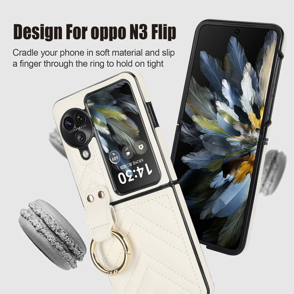 For OPPO Find N3 Flip V-shaped PU Hybrid TPU Ring Holder Phone Case(White)