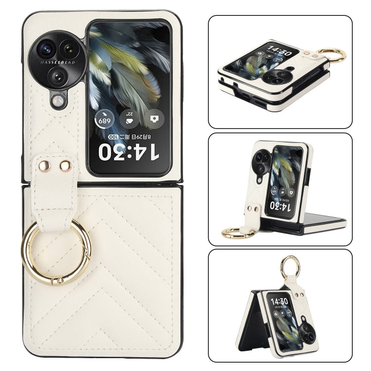 For OPPO Find N3 Flip V-shaped PU Hybrid TPU Ring Holder Phone Case(White)