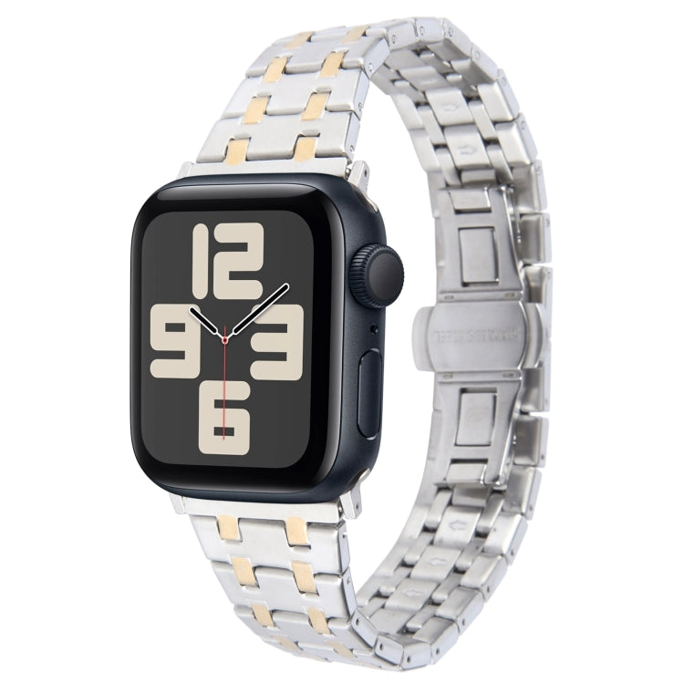 For Apple Watch SE 2023 44mm Double T Stainless Steel Watch Band(Silver Gold)