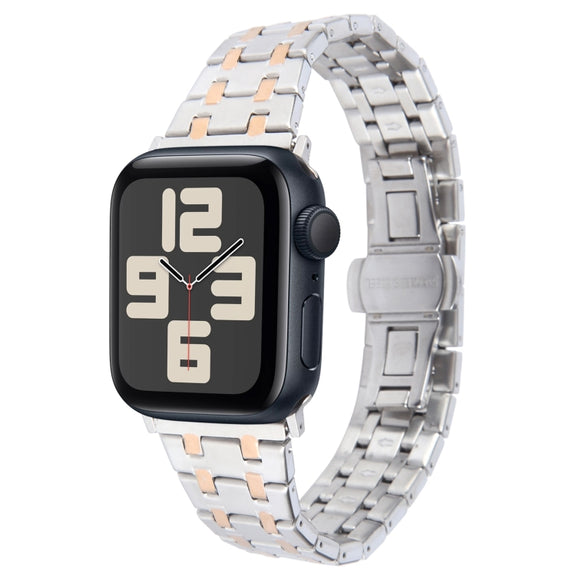 For Apple Watch SE 2023 40mm Double T Stainless Steel Watch Band(Silver Gold)