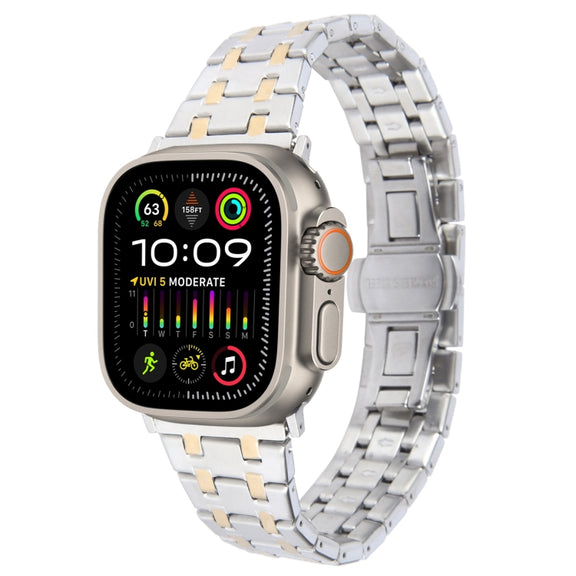 For Apple Watch Ultra 2 49mm Double T Stainless Steel Watch Band(Silver Gold)