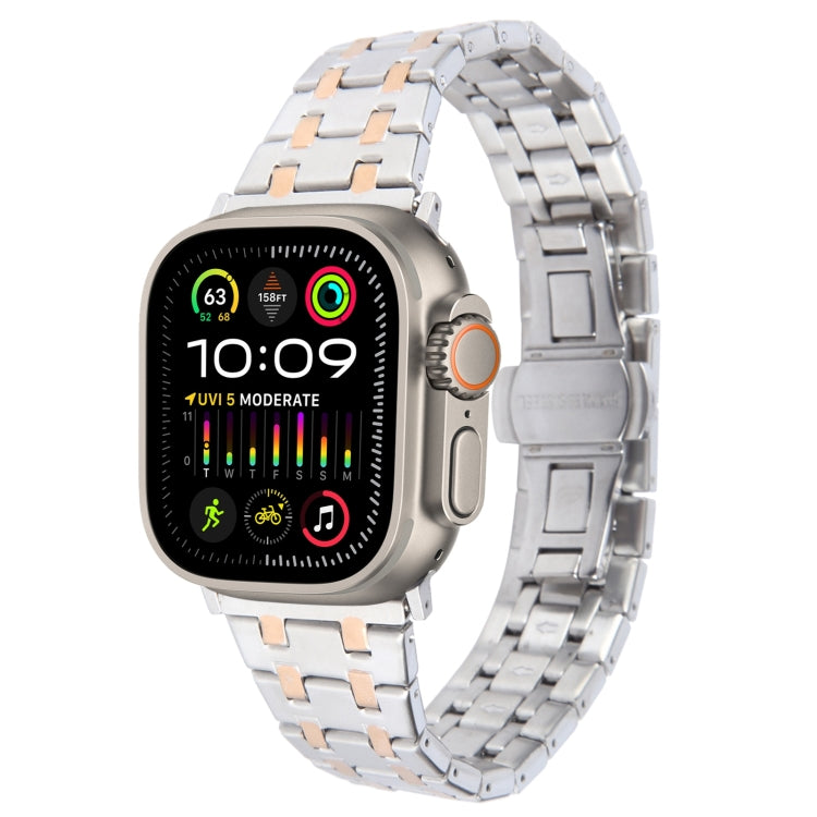 For Apple Watch Ultra 2 49mm Double T Stainless Steel Watch Band(Silver Rose Gold)
