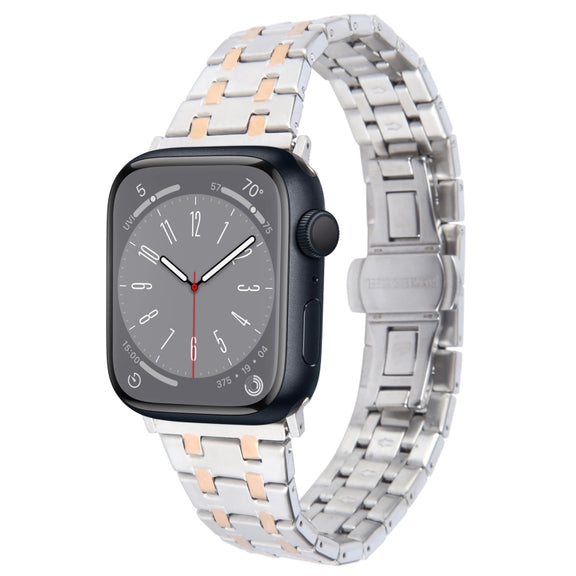 For Apple Watch Series 8 41mm Double T Stainless Steel Watch Band(Silver Rose Gold)