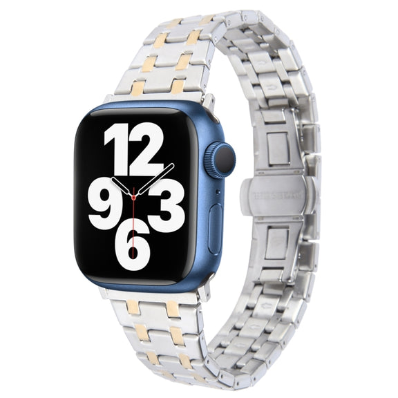 For Apple Watch Series 7 45mm Double T Stainless Steel Watch Band(Silver Gold)