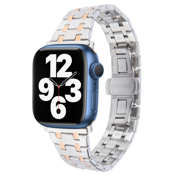 For Apple Watch Series 7 45mm Double T Stainless Steel Watch Band(Silver Rose Gold)