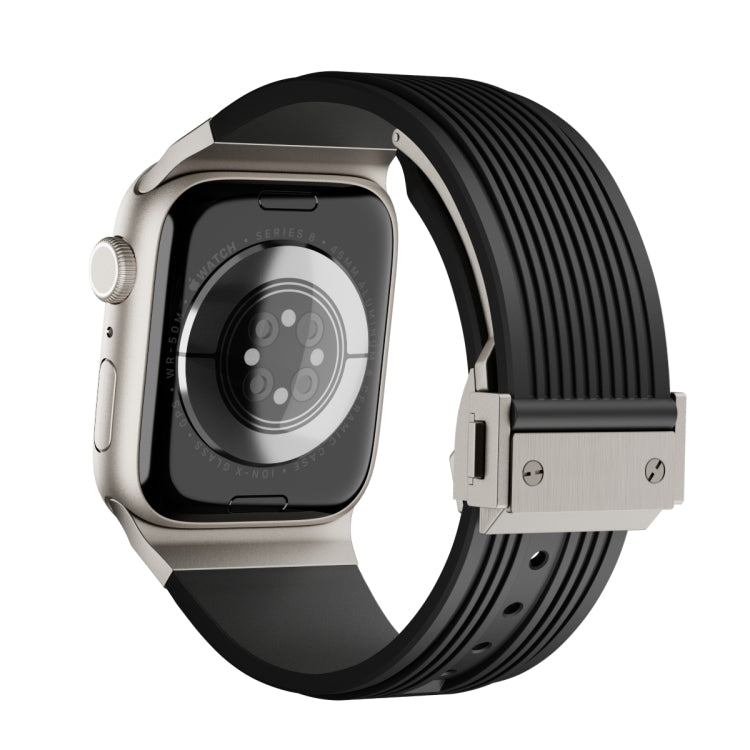 For Apple Watch Series 9 45mm Vertical Texture Titanium Buckle Elastic Silicone Watch Band(Black)