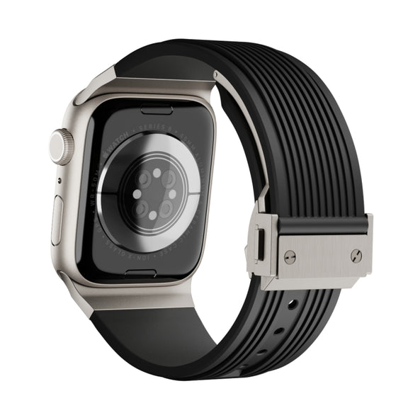 For Apple Watch Series 9 45mm Vertical Texture Titanium Buckle Elastic Silicone Watch Band(Black)