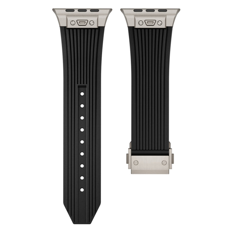 For Apple Watch Series 6 44mm Vertical Texture Titanium Buckle Elastic Silicone Watch Band(Black)