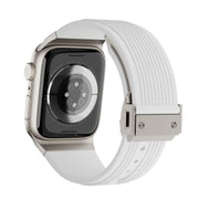 For Apple Watch Series 6 44mm Vertical Texture Titanium Buckle Elastic Silicone Watch Band(White)