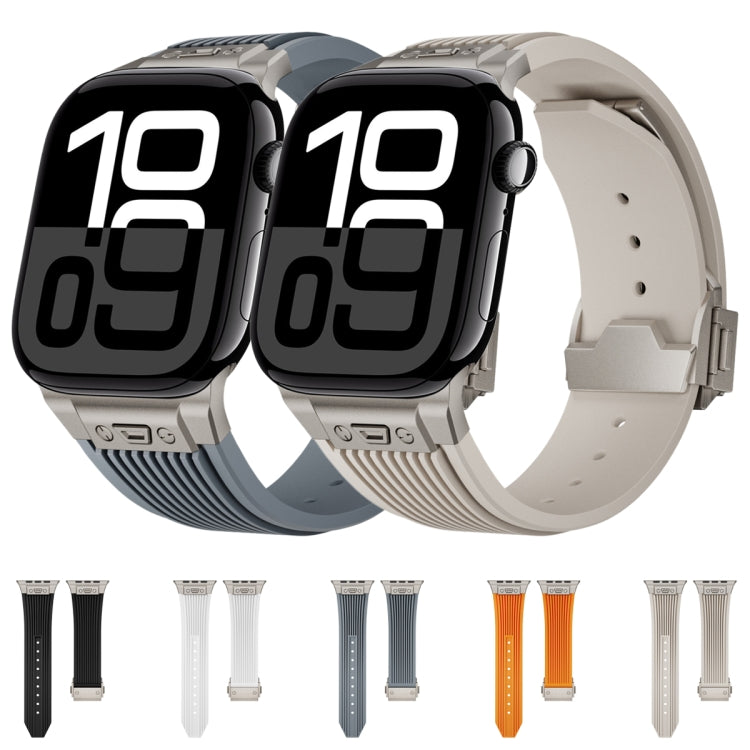 For Apple Watch 42mm Vertical Texture Titanium Buckle Elastic Silicone Watch Band(Black)