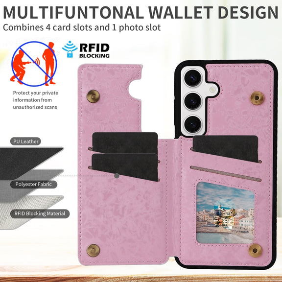 For Samsung Galaxy S25 5G Printed Double Buckle RFID Anti-theft Phone Case(Rose)