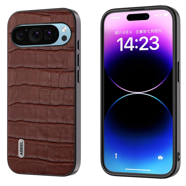 For Google Pixel 9 ABEEL Crocodile Texture Genuine Leather Phone Case(Brown)