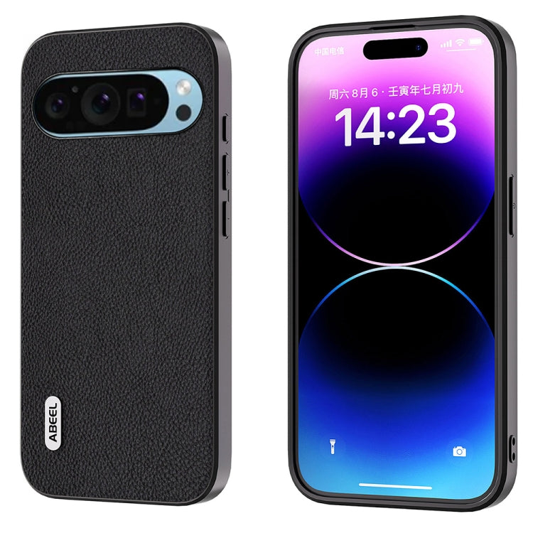 For Google Pixel 9 Pro ABEEL Genuine Leather + PC Litchi Texture Phone Case(Black)