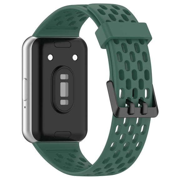 For Samsung Galaxy Fit 3 Hole Style Dual Buckle Silicone Watch Band(Dark Green)