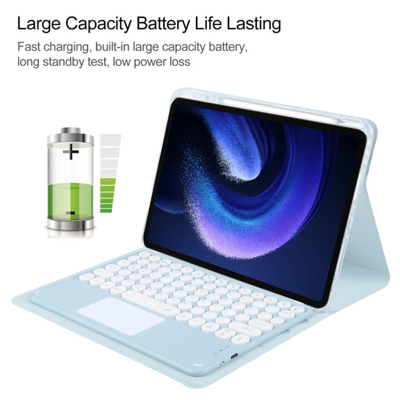 For Xiaomi Pad 6 Round Button Bluetooth Keyboard Rotatable Holder Leather Case with Touchpad(Sky Blue)