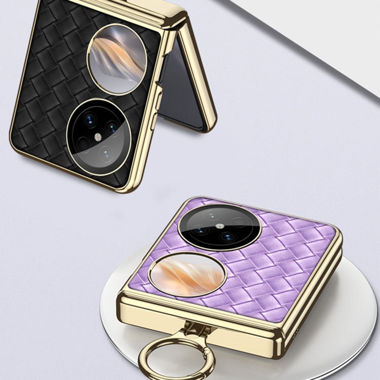 For Huawei Pocket 2 GKK Magnetic Shaft Electroplated Plain Leather Woven Texture Phone Case with Ring(Black)