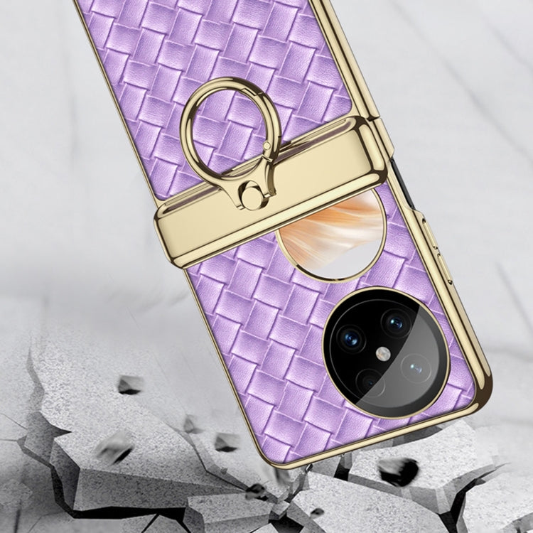 For Huawei Pocket 2 GKK Magnetic Shaft Electroplated Plain Leather Woven Texture Phone Case with Ring(Black)