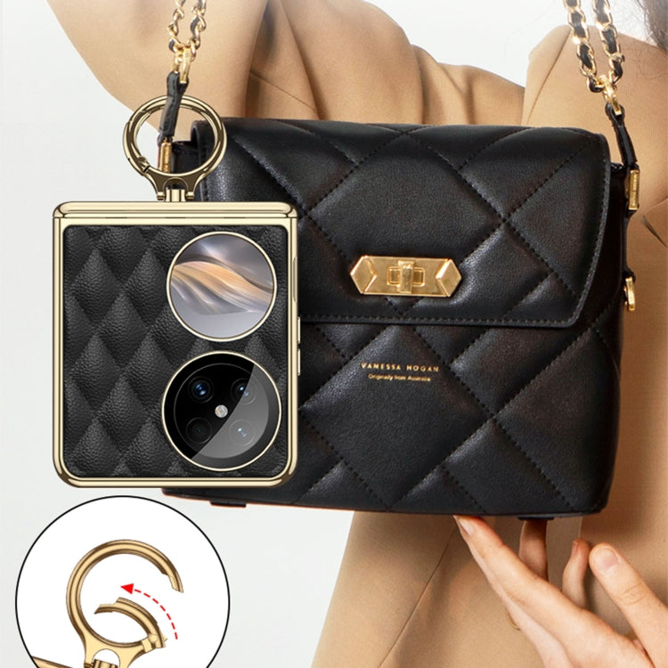 For Huawei Pocket 2 GKK Rhombus Pattern Electroplated Leather Phone Case with Ring(Champagne Gold)