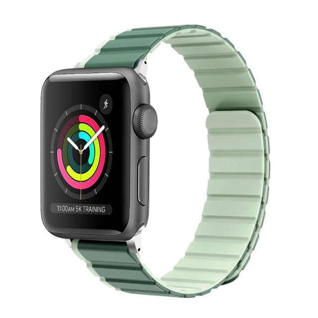 For Apple Watch Series 3 42mm ZGA Two Color Magnetic Silicone Watch Band(Dark Green+Light Green)