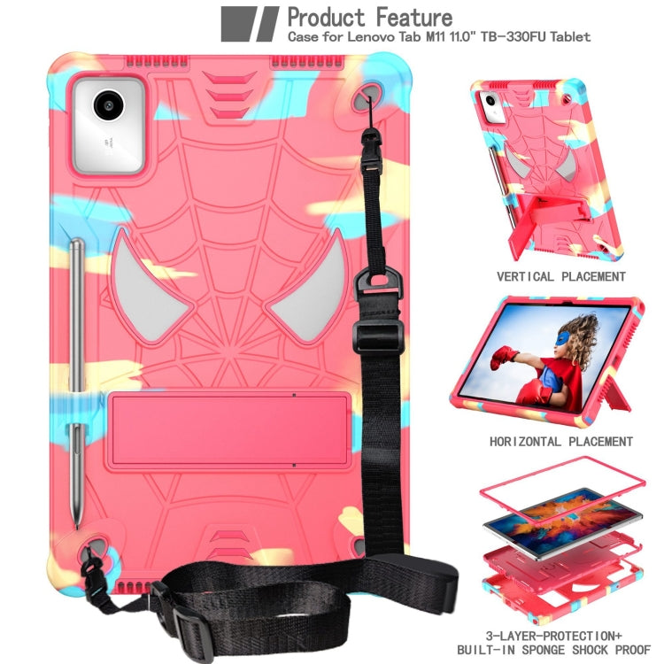 For Lenovo Tab M11/ Xiaoxin Pad 11 2024 Fold-Holder Spider Silicone Hybrid PC Tablet Case(Camouflage Rose Red)