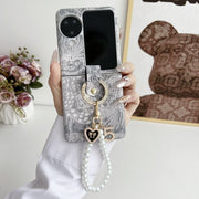 For OPPO Find N3 Flip Embroidery Style Full Coverage Phone Case with Ring Bead Chain(Grey)