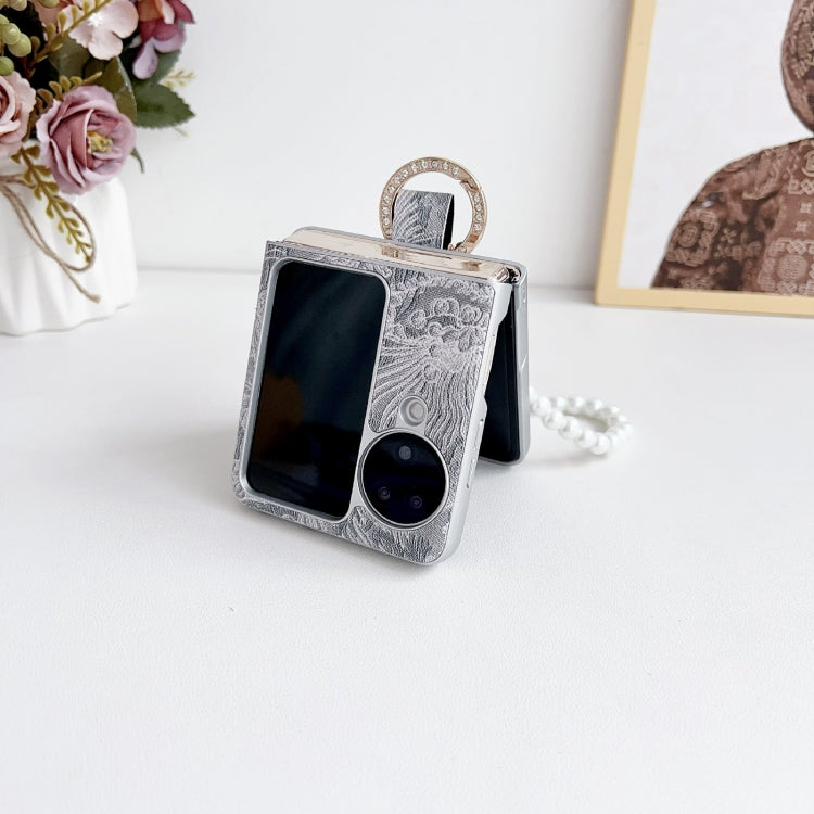 For OPPO Find N3 Flip Embroidery Style Full Coverage Phone Case with Ring Bead Chain(Grey)