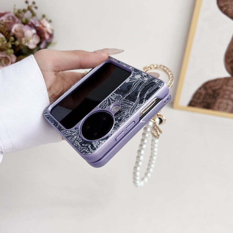 For OPPO Find N3 Flip Embroidery Style Full Coverage Phone Case with Ring Bead Chain(Grey)