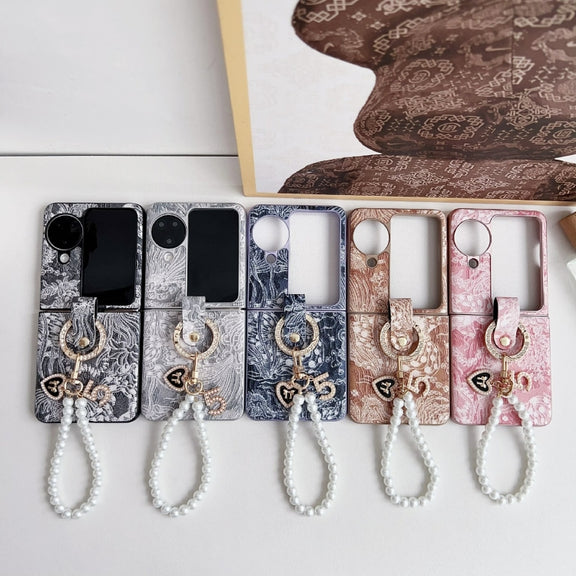 For OPPO Find N3 Flip Embroidery Style Full Coverage Phone Case with Ring Bead Chain(Grey)