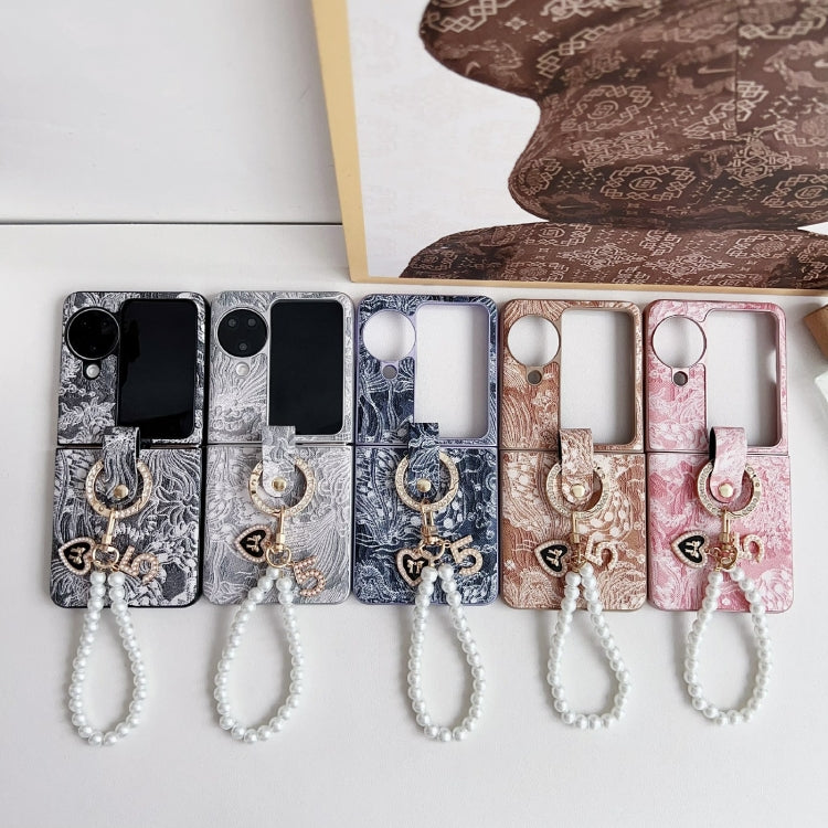For OPPO Find N3 Flip Embroidery Style Full Coverage Phone Case with Ring Bead Chain(Grey)