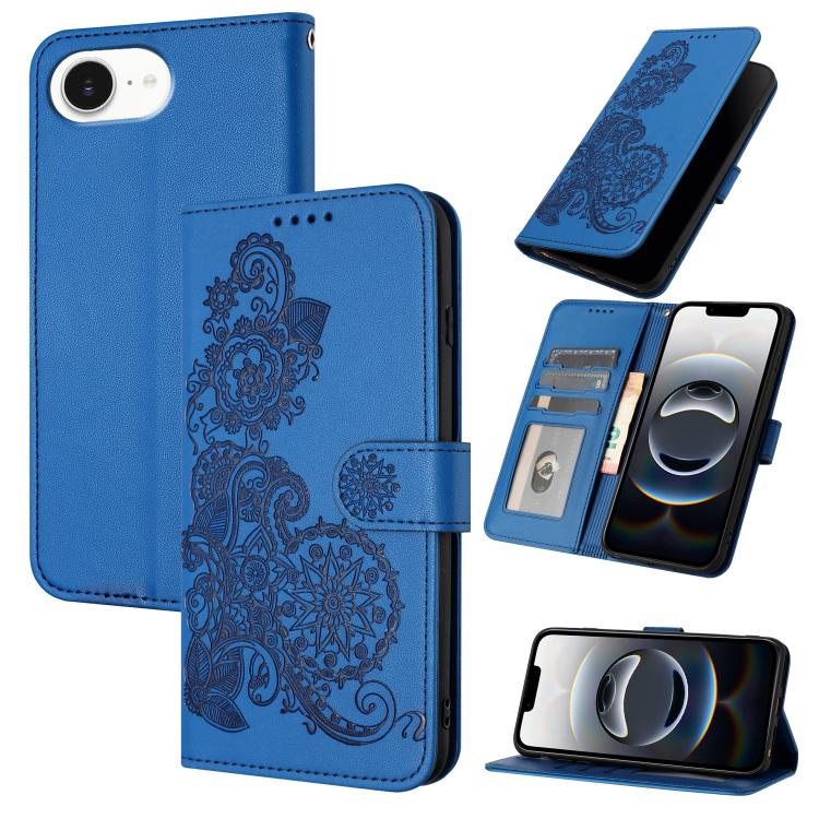 For iPhone 16e Datura Flower Embossed Flip Leather Phone Case(Blue)