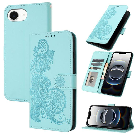 For iPhone 16e Datura Flower Embossed Flip Leather Phone Case(Light Blue)