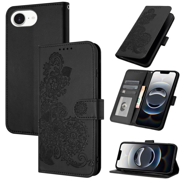 For iPhone 16e Datura Flower Embossed Flip Leather Phone Case(Black)