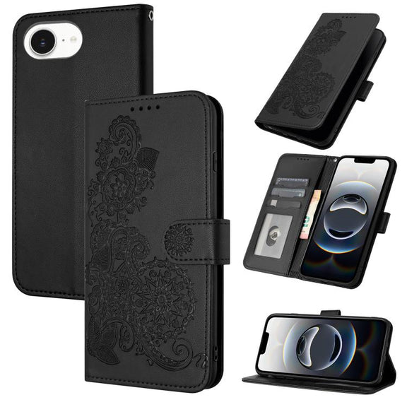 For iPhone 16e Datura Flower Embossed Flip Leather Phone Case(Black)