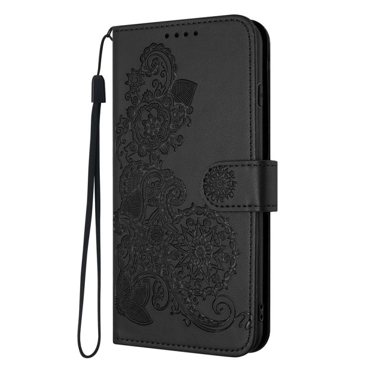 For iPhone 16 Plus Datura Flower Embossed Flip Leather Phone Case(Black)