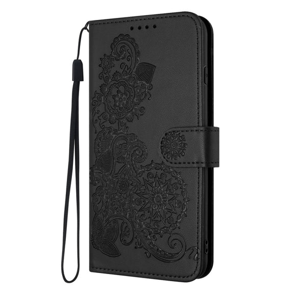 For iPhone 16 Plus Datura Flower Embossed Flip Leather Phone Case(Black)
