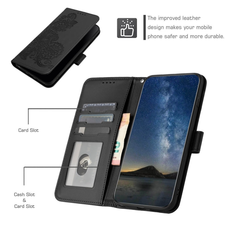 For iPhone 16 Plus Datura Flower Embossed Flip Leather Phone Case(Black)